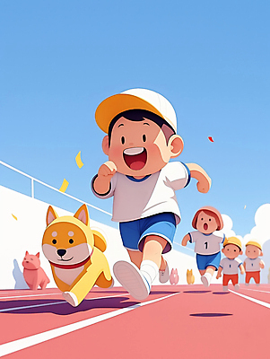 JPG 전신 모자 남자 행복 스포츠 하늘색 일러스트 웃음 소녀 경기 소년 여러명 친구 운동복 달리기 운동 경기장 운동장 개 트랙 체육대회 러닝 어린이만 국내일러스트 AI일러스트 AI콘텐츠 잡화 옷 여자 감정 어린이 다수 포유류 스포츠시설 관계 모션 표정 건강 사람 파란색 공간 체육 대회 파일형식