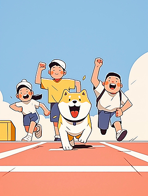 JPG 전신 모자 여자 남자 행복 어린이 스포츠 하늘색 일러스트 웃음 소녀 경기 소년 세명 운동복 달리기 운동 경쟁 운동장 개 즐거움 트랙 체육대회 러닝 어린이만 국내일러스트 AI일러스트 AI콘텐츠 잡화 옷 감정 컨셉 포유류 스포츠시설 모션 표정 건강 사람 파란색 공간 체육 대회 파일형식