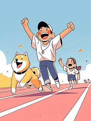 JPG 전신 모자 여자 남자 행복 어린이 하늘색 일러스트 웃음 소녀 경기 성인 두명 운동복 달리기 운동 경기장 운동장 만세 개 즐거움 트랙 체육대회 러닝 국내일러스트 AI일러스트 AI콘텐츠 잡화 옷 감정 스포츠 포유류 스포츠시설 모션 표정 건강 사람 파란색 공간 체육 대회 파일형식