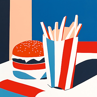 JPG 일러스트 패스트푸드 사람없음 빨간색 파란색 감자튀김 햄버거 팝아트 국내일러스트 AI일러스트 AI콘텐츠 컬러 감자 튀김 인스턴트 그림 파일형식
