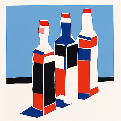 JPG 일러스트 술병 유리병 사람없음 빨간색 파란색 팝아트 국내일러스트 AI일러스트 AI콘텐츠 컬러 병_용기 주류 그림 파일형식