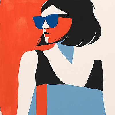 JPG 여자 패션 일러스트 한명 상반신 성인 빨간색 파란색 선글라스 팝아트 성인여자한명만 국내일러스트 AI일러스트 AI콘텐츠 1 안경 컬러 사람 그림 여자한명만 성인여자만 파일형식