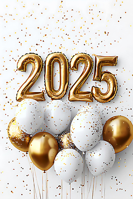 JPG 편집이미지 행복 새해 이벤트 사람없음 파티 기쁨 금색 흰색 풍선 설레임 금가루 2025년 갑진년 편집실사 숫자풍선 AI포토 AI콘텐츠 감정 컬러 가루 연도 CG 파일형식 2024년