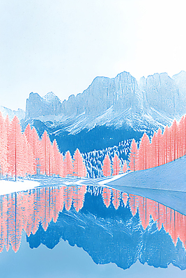 JPG 나무 호수 일러스트 색연필 산 사람없음 빨간색 파란색 반사 국내일러스트 AI일러스트 AI콘텐츠 식물 컬러 학용품 파일형식