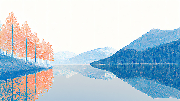 JPG 나무 무료이미지 호수 일러스트 색연필 산 사람없음 빨간색 파란색 반사 국내일러스트 AI일러스트 AI콘텐츠 식물 컬러 학용품 파일형식