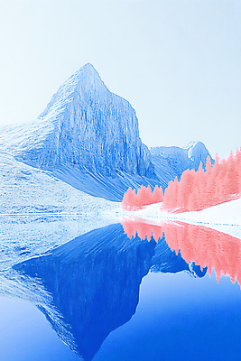 JPG 나무 호수 일러스트 색연필 산 사람없음 빨간색 파란색 반사 국내일러스트 AI일러스트 AI콘텐츠 식물 컬러 학용품 파일형식