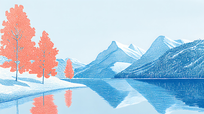 JPG 나무 호수 일러스트 색연필 산 사람없음 빨간색 파란색 반사 국내일러스트 AI일러스트 AI콘텐츠 식물 컬러 학용품 파일형식