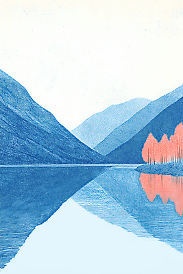 JPG 나무 호수 일러스트 색연필 산 사람없음 빨간색 파란색 반사 국내일러스트 AI일러스트 AI콘텐츠 식물 컬러 학용품 파일형식