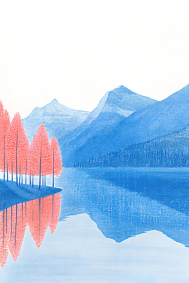 JPG 나무 호수 일러스트 색연필 산 사람없음 빨간색 파란색 반사 국내일러스트 AI일러스트 AI콘텐츠 식물 컬러 학용품 파일형식