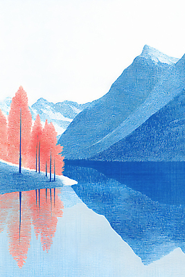 JPG 나무 호수 일러스트 색연필 산 사람없음 빨간색 파란색 반사 국내일러스트 AI일러스트 AI콘텐츠 식물 컬러 학용품 파일형식