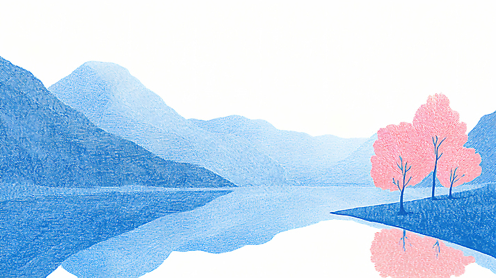 JPG 나무 호수 일러스트 색연필 산 사람없음 빨간색 파란색 반사 국내일러스트 AI일러스트 AI콘텐츠 식물 컬러 학용품 파일형식