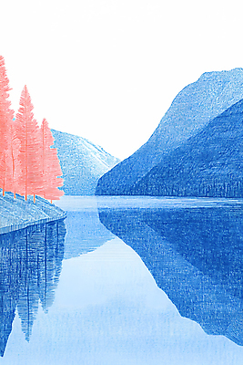 JPG 나무 호수 일러스트 색연필 산 사람없음 빨간색 파란색 반사 국내일러스트 AI일러스트 AI콘텐츠 식물 컬러 학용품 파일형식