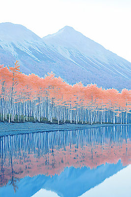 JPG 나무 호수 일러스트 색연필 산 사람없음 빨간색 파란색 반사 국내일러스트 AI일러스트 AI콘텐츠 식물 컬러 학용품 파일형식