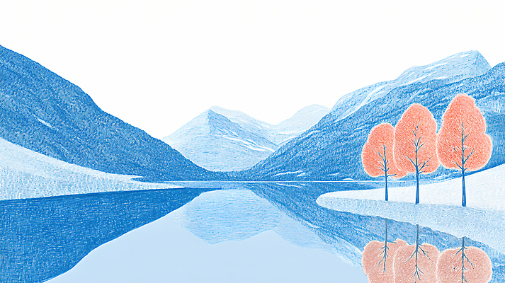 JPG 나무 호수 일러스트 색연필 산 사람없음 빨간색 파란색 반사 국내일러스트 AI일러스트 AI콘텐츠 식물 컬러 학용품 파일형식