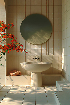 JPG 식물 편집이미지 라이프스타일 가구 휴식 주택 실내 그림자 사람없음 인테리어 공간 거울 디지털합성 오브젝트 세면대 힐링 홈퍼니싱 편집실사 AI포토 AI콘텐츠 디자인 생활용품 컨셉 내부 건물 생활 CG 파일형식