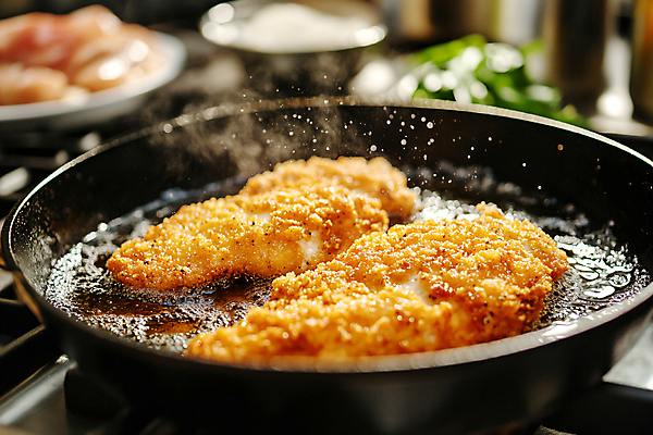 JPG 편집이미지 요리 사람없음 프라이팬 돈가스 기름 디지털합성 편집실사 AI포토 AI콘텐츠 음식 주방용품 커틀릿 CG 파일형식