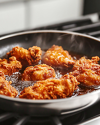 JPG 편집이미지 사람없음 치킨 프라이팬 가스레인지 기름 디지털합성 치킨너겟 편집실사 AI포토 AI콘텐츠 음식 주방용품 가전제품 레인지 CG 닭고기요리 파일형식