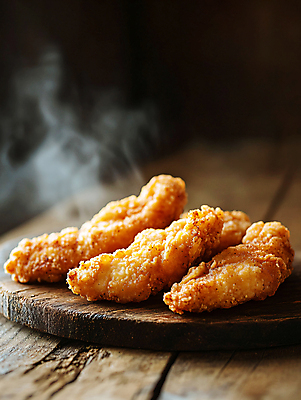 JPG 편집이미지 사람없음 치킨 수증기 디지털합성 나무도마 나무탁자 치킨너겟 편집실사 AI포토 AI콘텐츠 음식 탁자 도마 목재 CG 닭고기요리 파일형식