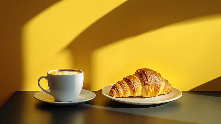 JPG 편집이미지 커피 아침 그림자 사람없음 커피잔 크루아상 컵받침 디지털합성 브런치 점심 라떼 편집실사 AI포토 AI콘텐츠 주간 음료 빵 잔 식사 받침대 CG 파일형식