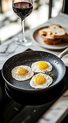 JPG 편집이미지 빵 와인잔 아침 사람없음 와인 프라이팬 계란프라이 디지털합성 브런치 점심 전기렌지 편집실사 AI포토 AI콘텐츠 주간 음식 술잔 주방용품 주류 식사 계란요리 CG 파일형식