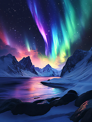 JPG 편집이미지 자연 밤하늘 풍경 사람없음 빛 디지털합성 빙판 오로라 설산 편집실사 AI포토 AI콘텐츠 자연현상 하늘 산 야간 CG 생태계 파일형식