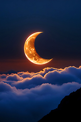 JPG 구름 편집이미지 밤하늘 풍경 사람없음 야외 파란색 주황색 초승달 달빛 편집실사 AI컴퓨터그래픽 AI콘텐츠 자연요소 컬러 하늘 달 야간 CG 파일형식