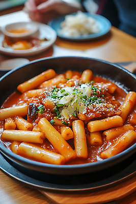 JPG 편집이미지 그릇 식탁 사람없음 빨간색 떡볶이 매움 편집실사 AI포토 AI콘텐츠 식기 컬러 탁자 맛 분식 CG 파일형식