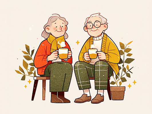 JPG 전신 여자 할아버지 노년 남자 화분 할머니 중년 의자 일러스트 나뭇잎 대화 사랑 웃음 들기 두명 일상 라이프 노후 노란색 노부부 가을 커피잔 나무의자 마주앉기 노인만 안경낌 국내일러스트 AI일러스트 AI콘텐츠 부부 계절 감정 안경 커피 컬러 가구 잎 모션 잔 표정 말하기 사람 앉기 성인 생활 목재 성인만 파일형식