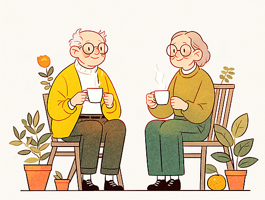 JPG 전신 여자 할아버지 노년 남자 꽃 화분 할머니 중년 의자 일러스트 나뭇잎 대화 사랑 웃음 들기 두명 일상 라이프 노후 노란색 노부부 가을 커피잔 나무의자 마주앉기 노인만 안경낌 국내일러스트 AI일러스트 AI콘텐츠 식물 부부 계절 감정 안경 커피 컬러 가구 잎 모션 잔 표정 말하기 사람 앉기 성인 생활 목재 성인만 파일형식