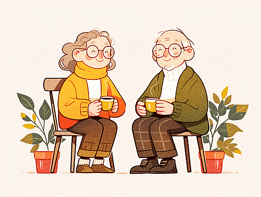 JPG 전신 여자 할아버지 노년 남자 화분 할머니 중년 의자 일러스트 나뭇잎 대화 사랑 웃음 들기 두명 일상 라이프 노후 노란색 노부부 가을 커피잔 나무의자 마주앉기 노인만 안경낌 국내일러스트 AI일러스트 AI콘텐츠 부부 계절 감정 안경 커피 컬러 가구 잎 모션 잔 표정 말하기 사람 앉기 성인 생활 목재 성인만 파일형식