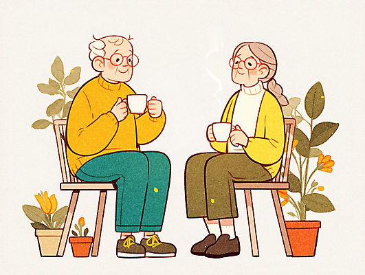 JPG 전신 여자 할아버지 노년 남자 화분 할머니 중년 의자 일러스트 나뭇잎 대화 사랑 웃음 들기 두명 일상 라이프 노후 노란색 노부부 가을 커피잔 나무의자 마주앉기 노인만 안경낌 국내일러스트 AI일러스트 AI콘텐츠 부부 계절 감정 안경 커피 컬러 가구 잎 모션 잔 표정 말하기 사람 앉기 성인 생활 목재 성인만 파일형식