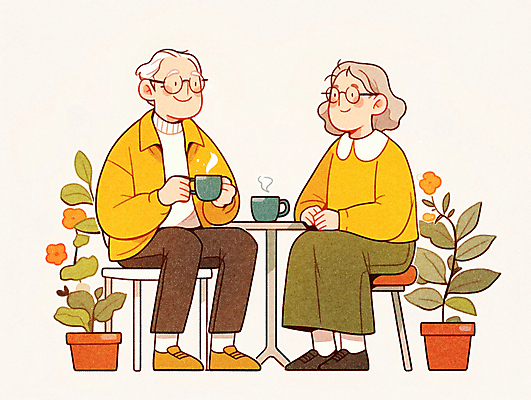 JPG 전신 여자 할아버지 노년 남자 화분 할머니 중년 의자 일러스트 나뭇잎 대화 사랑 웃음 들기 두명 일상 라이프 노후 노란색 노부부 가을 커피잔 나무의자 마주앉기 노인만 안경낌 국내일러스트 AI일러스트 AI콘텐츠 부부 계절 감정 안경 커피 컬러 가구 잎 모션 잔 표정 말하기 사람 앉기 성인 생활 목재 성인만 파일형식