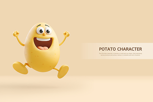 PSD 편집이미지 행복 식재료 감자 3D캐릭터 웃음 사람없음 갈색 3D 점프 베이지색 감자캐릭터 편집3D 캐릭터 감정 컬러 채소 모션 표정 디지털합성 파일형식