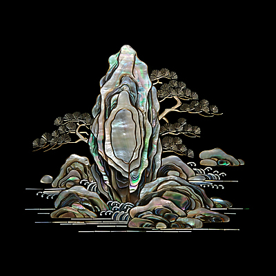 JPG 편집이미지 전통 조각 자연 사람없음 검은색 바위 소나무 공예 십장생 돌무더기 자개 편집실사 AI포토 AI콘텐츠 나무 컬러 취미 돌_바위 CG 생태계 전통공예 파일형식