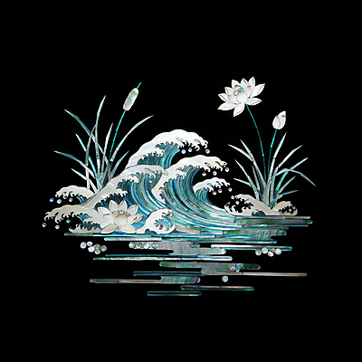 JPG 편집이미지 전통 물결 파도 조각 자연 연꽃 사람없음 검은색 공예 연잎 십장생 자개 편집실사 AI포토 AI콘텐츠 꽃 바다 컬러 잎 취미 CG 생태계 전통공예 파일형식