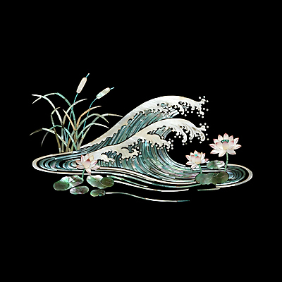 JPG 편집이미지 전통 물결 파도 조각 자연 연꽃 사람없음 검은색 공예 연잎 십장생 자개 편집실사 AI포토 AI콘텐츠 꽃 바다 컬러 잎 취미 CG 생태계 전통공예 파일형식