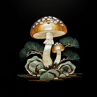 JPG 편집이미지 전통 조각 자연 사람없음 검은색 돌_바위 소나무 공예 송이버섯 십장생 자개 편집실사 AI포토 AI콘텐츠 나무 컬러 취미 버섯 CG 생태계 전통공예 파일형식