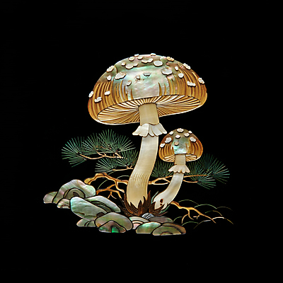 JPG 편집이미지 전통 조각 자연 사람없음 검은색 돌_바위 소나무 공예 송이버섯 십장생 자개 편집실사 AI포토 AI콘텐츠 나무 컬러 취미 버섯 CG 생태계 전통공예 파일형식