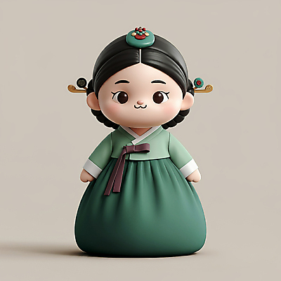 JPG 전신 편집이미지 한국전통 전통 헤어스타일 여자 전통문화 한명 웃음 성인 초록색 귀여움 한복 성인여자한명만 편집3D AI컴퓨터그래픽 AI콘텐츠 1 문화 컬러 컨셉 한국 표정 사람 3D 전통의상 여자한명만 성인여자만 파일형식