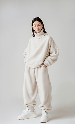 JPG 전신 편집이미지 옷 여자 패션 바지 한명 서기 성인 캐주얼 스웨터 주머니손 베이지색 의료성형뷰티 스타일 성인여자한명만 편집실사 AI인물포토 AI콘텐츠 1 컬러 상의 모션 하의 사람 CG 여자한명만 성인여자만 파일형식 AI포토