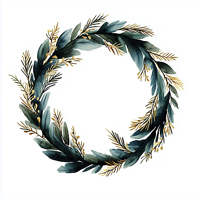 JPG 크리스마스 겨울 일러스트 나뭇잎 사람없음 장식 초록색 화환 금색 솔잎 솔잎장식 크리스마스리스 국내일러스트 AI일러스트 AI콘텐츠 계절 기념일 꽃 컬러 잎 파일형식