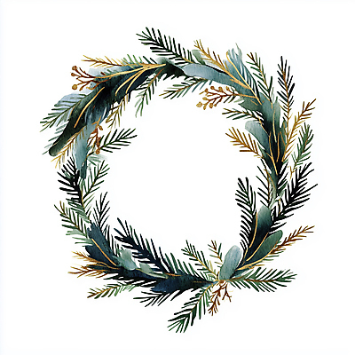 JPG 크리스마스 겨울 일러스트 나뭇잎 사람없음 장식 초록색 화환 금색 솔잎 솔잎장식 크리스마스리스 국내일러스트 AI일러스트 AI콘텐츠 계절 기념일 꽃 컬러 잎 파일형식