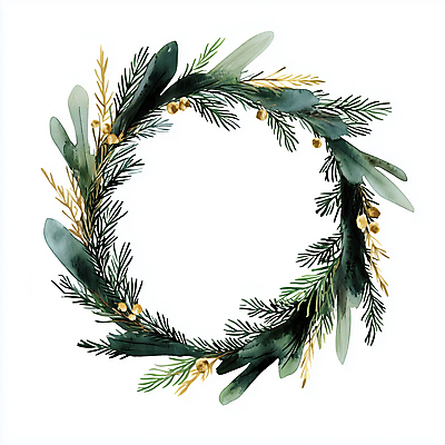 JPG 크리스마스 겨울 일러스트 나뭇잎 사람없음 장식 초록색 화환 금색 솔잎 솔잎장식 크리스마스리스 국내일러스트 AI일러스트 AI콘텐츠 계절 기념일 꽃 컬러 잎 파일형식