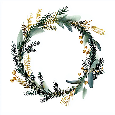 JPG 크리스마스 겨울 일러스트 나뭇잎 사람없음 장식 초록색 화환 금색 솔잎 솔잎장식 크리스마스리스 국내일러스트 AI일러스트 AI콘텐츠 계절 기념일 꽃 컬러 잎 파일형식