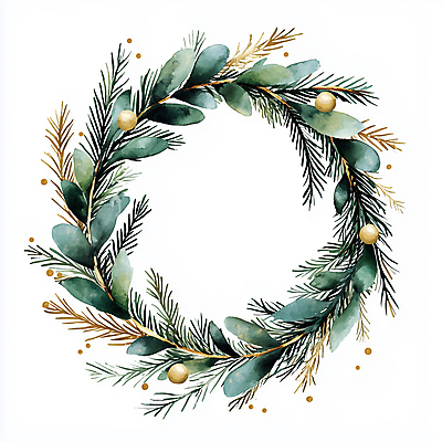 JPG 크리스마스 겨울 일러스트 나뭇잎 사람없음 장식 초록색 화환 금색 솔잎 솔잎장식 크리스마스리스 국내일러스트 AI일러스트 AI콘텐츠 계절 기념일 꽃 컬러 잎 파일형식