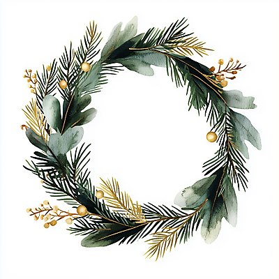 JPG 크리스마스 겨울 일러스트 나뭇잎 사람없음 장식 초록색 화환 금색 솔잎 솔잎장식 크리스마스리스 국내일러스트 AI일러스트 AI콘텐츠 계절 기념일 꽃 컬러 잎 파일형식