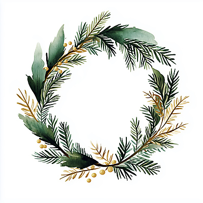 JPG 크리스마스 겨울 일러스트 나뭇잎 사람없음 장식 초록색 화환 금색 솔잎 솔잎장식 크리스마스리스 국내일러스트 AI일러스트 AI콘텐츠 계절 기념일 꽃 컬러 잎 파일형식