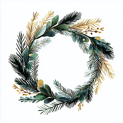 JPG 크리스마스 겨울 일러스트 나뭇잎 사람없음 장식 초록색 화환 금색 솔잎 솔잎장식 크리스마스리스 국내일러스트 AI일러스트 AI콘텐츠 계절 기념일 꽃 컬러 잎 파일형식