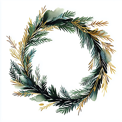 JPG 크리스마스 겨울 일러스트 나뭇잎 사람없음 장식 초록색 화환 금색 솔잎 솔잎장식 크리스마스리스 국내일러스트 AI일러스트 AI콘텐츠 계절 기념일 꽃 컬러 잎 파일형식