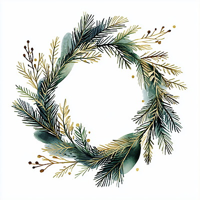 JPG 크리스마스 겨울 일러스트 나뭇잎 사람없음 장식 초록색 화환 금색 솔잎 솔잎장식 크리스마스리스 국내일러스트 AI일러스트 AI콘텐츠 계절 기념일 꽃 컬러 잎 파일형식